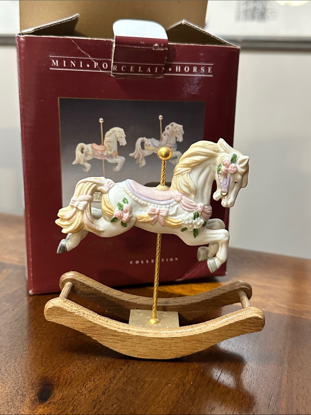 Mini Porcelain Horse Carousel Figurine - Ivory with Pink & Flower Accents